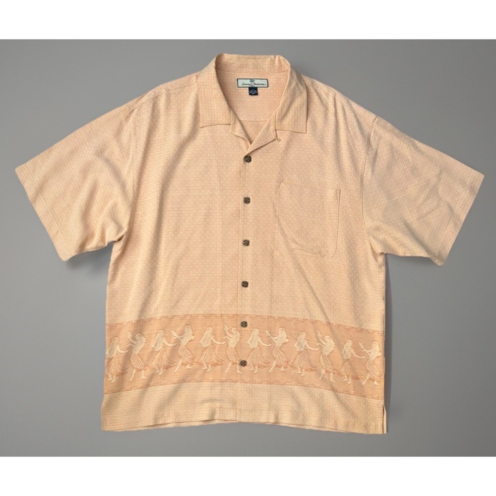 Tommy Bahama Vintage Hawaiian Shirt Silk Wood Buttons Peach Hula Dancer XL JBHS